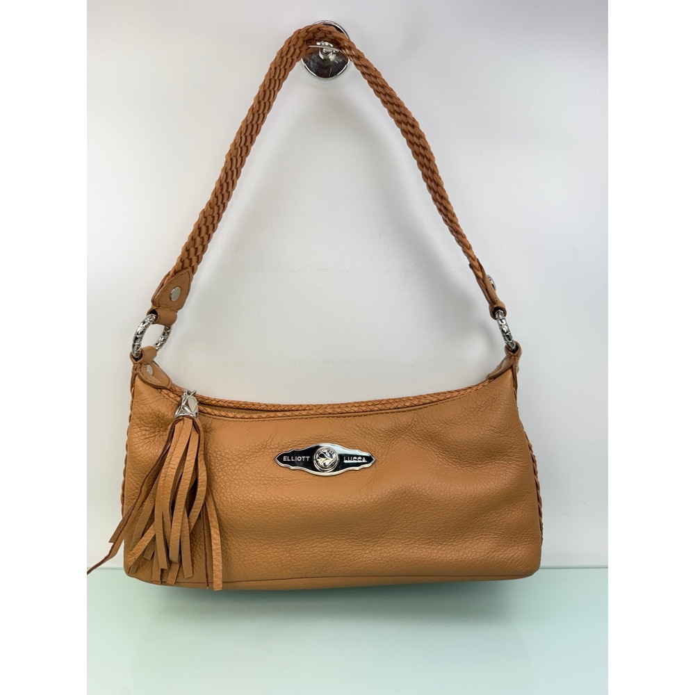 Elliott Lucca Camel Brown Pebbled Leather Braided Strap Shoulder Bag Tassel NWT